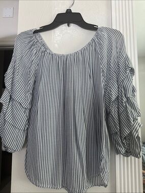 Velvet Heart Navy and White Striped Ruffle-Sleeve Blouse
